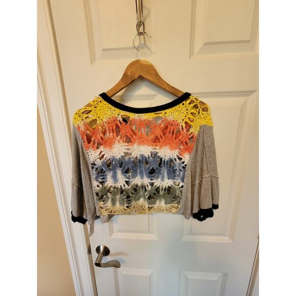 Free People Joshua Tee Crochet Pastel Open Weave Knit Tshirt Small - Picture 5 of 6